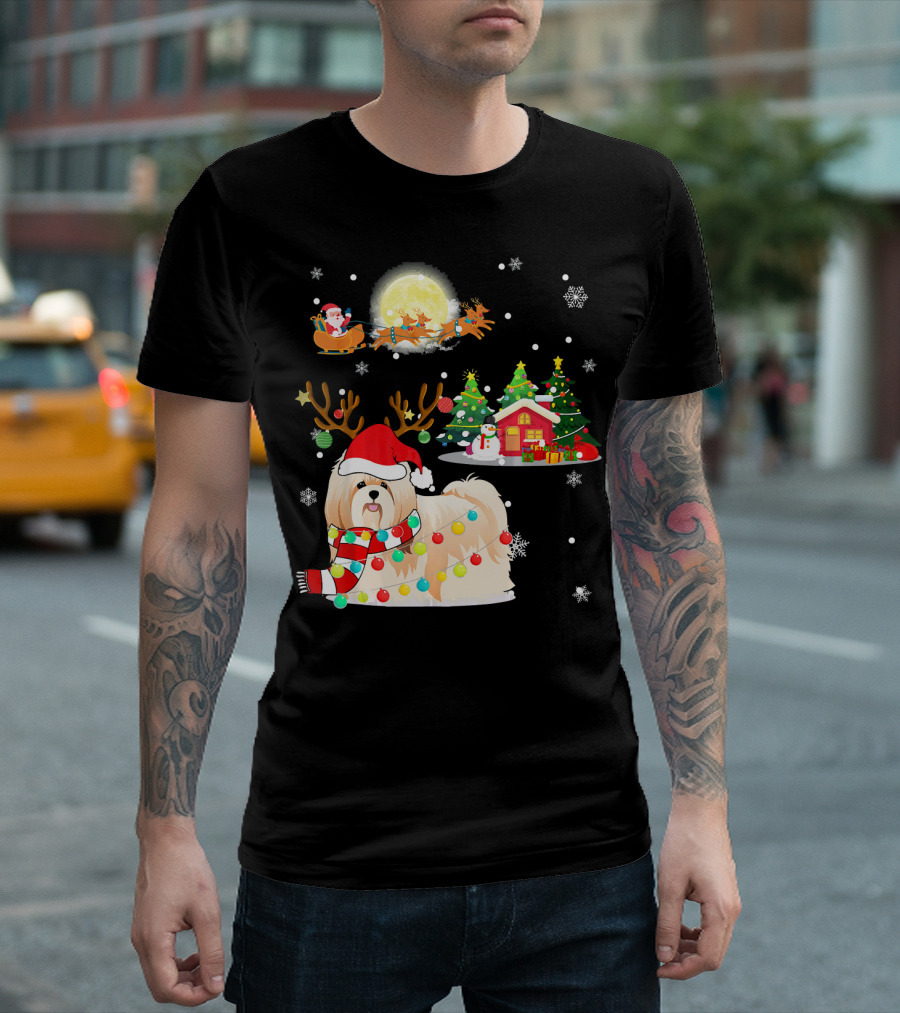 Santa's Shih Tzu Christmas Parade With Reindeer Antlers And Festive Lights T-Shirt
