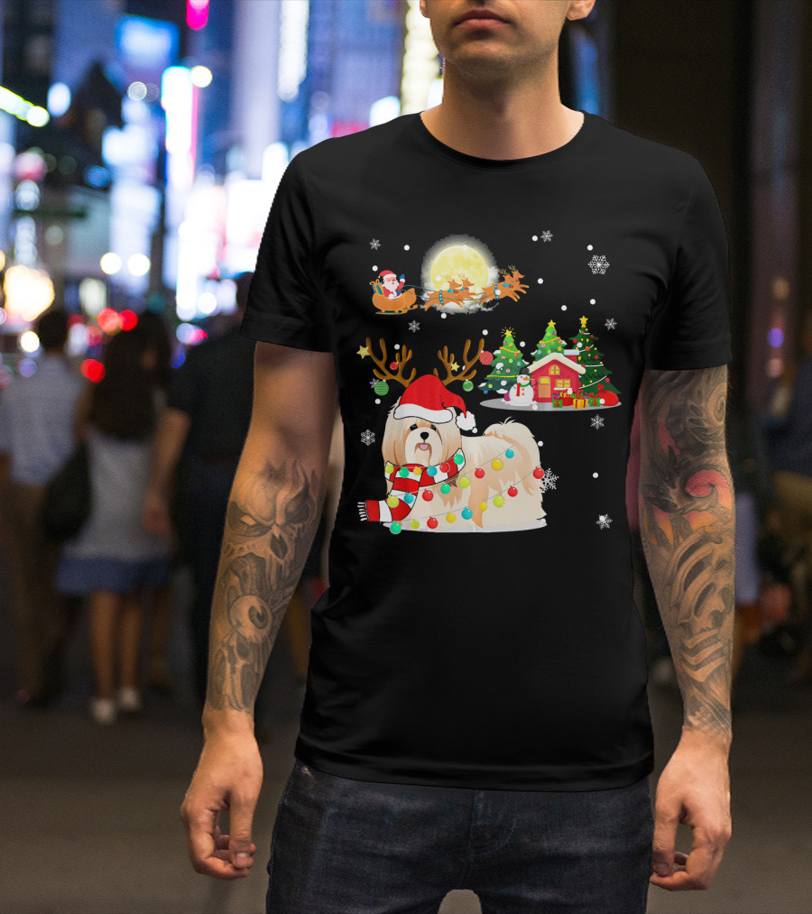 Santa's Shih Tzu Christmas Parade With Reindeer Antlers And Festive Lights T-Shirt