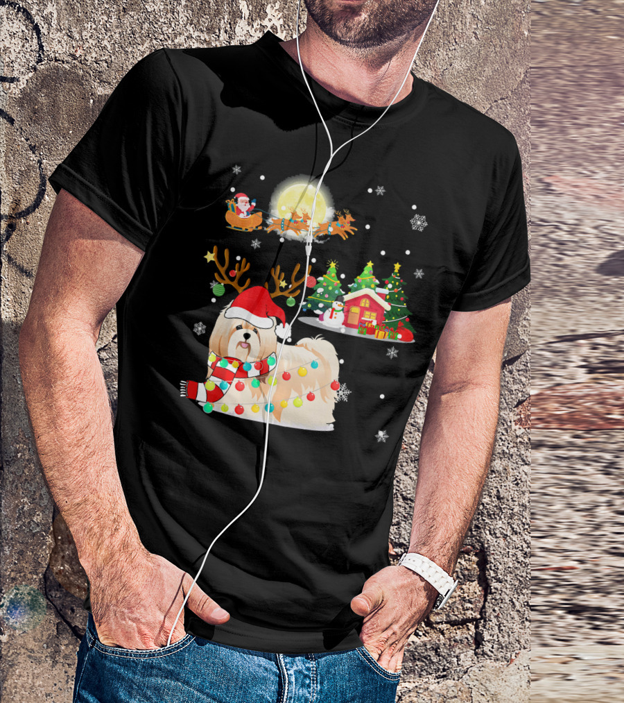 Santa's Shih Tzu Christmas Parade With Reindeer Antlers And Festive Lights T-Shirt