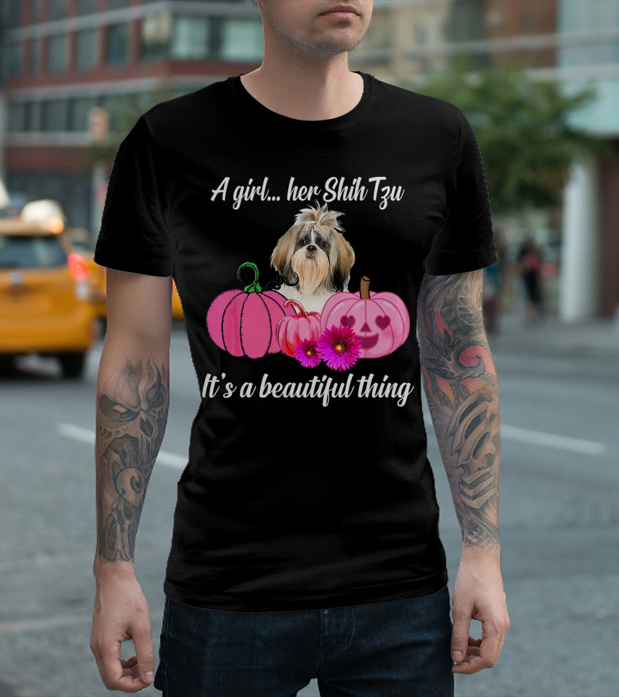 A Girl And Her Shih Tzu It's A Beautiful Thing With Pink Pumpkins And Flowers T-Shirt