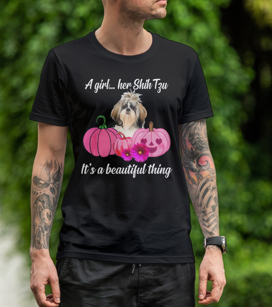 A Girl And Her Shih Tzu It's A Beautiful Thing With Pink Pumpkins And Flowers T-Shirt