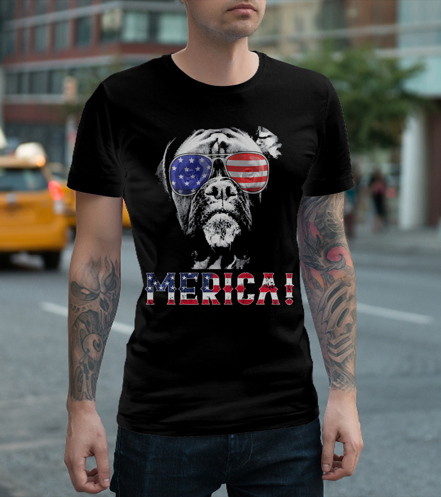 Merica Boxer Dog Wearing American Flag Sunglasses Funny 4th Of July Patriotic T-Shirt