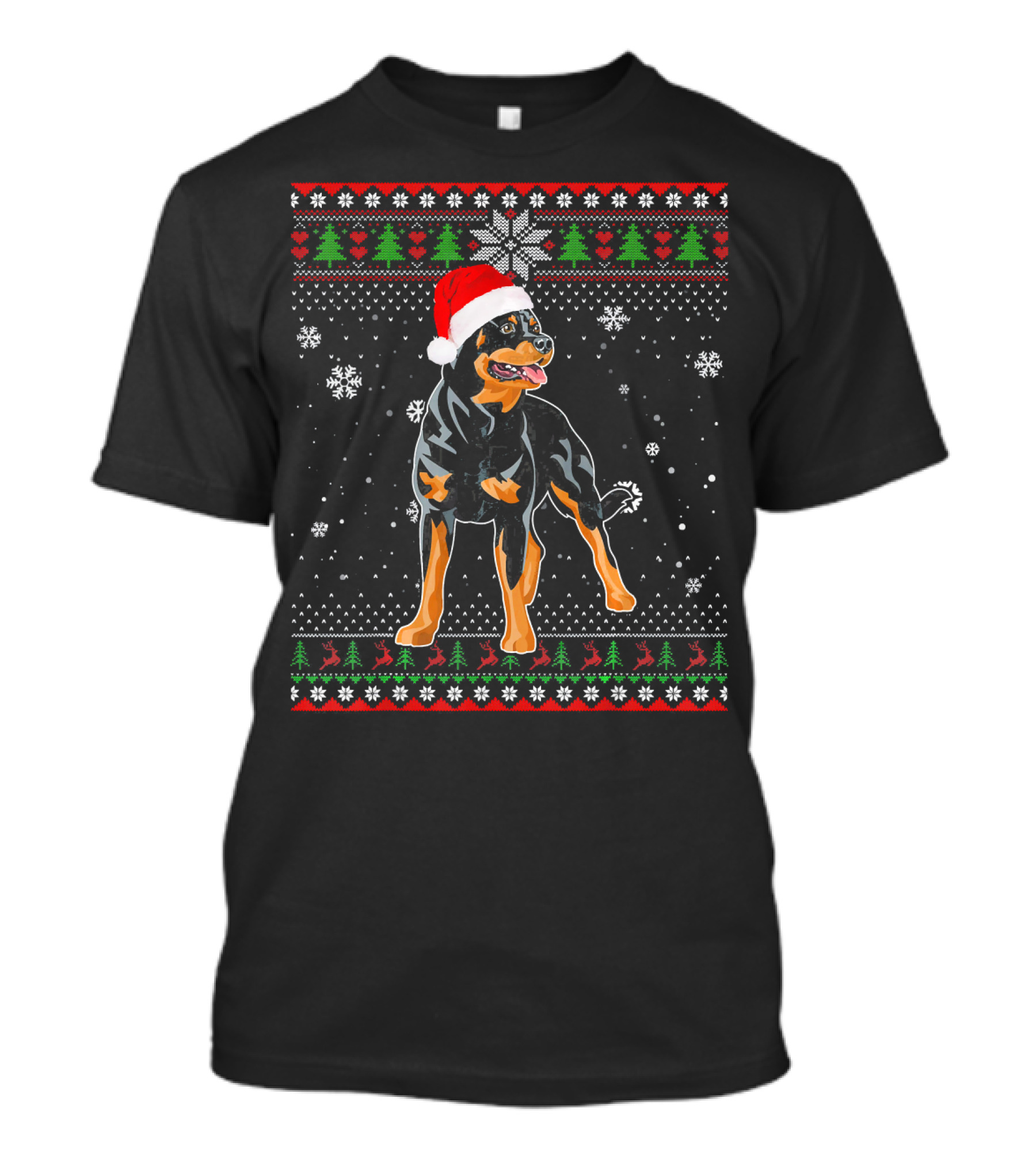 Merry Christmas Rottweiler Santa Hat Snowflakes And Holiday Trees T-Shirt