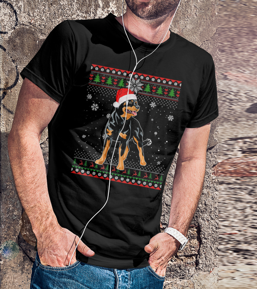 Merry Christmas Rottweiler Santa Hat Snowflakes And Holiday Trees T-Shirt