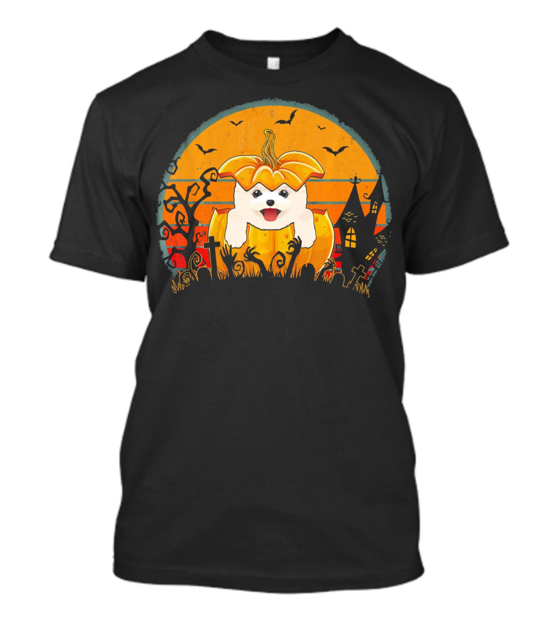 Halloween Pomeranian Dog In Pumpkin With Spooky Graveyard Scene For Men And Women T-Shirt