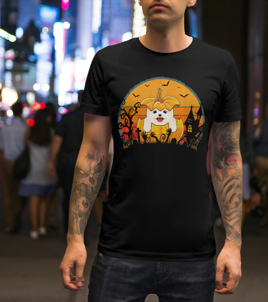 Halloween Pomeranian Dog In Pumpkin With Spooky Graveyard Scene For Men And Women T-Shirt
