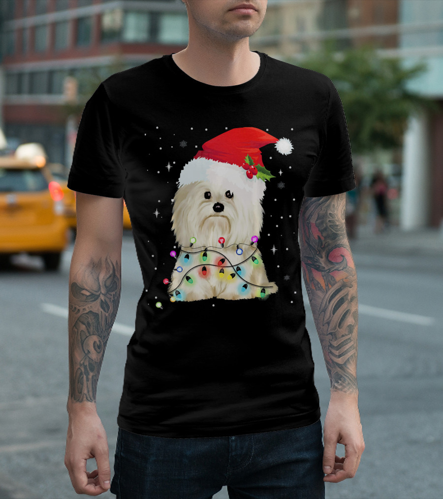 Maltese Dog with Santa Hat and Christmas Fairy Lights T-Shirt