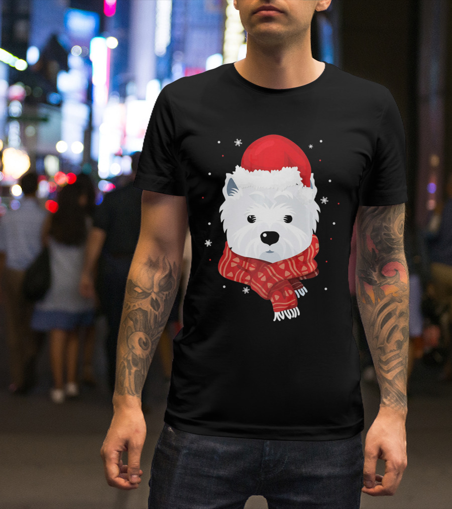 Maltese Westie West Highland In Santa Hat And Scarf T-Shirt