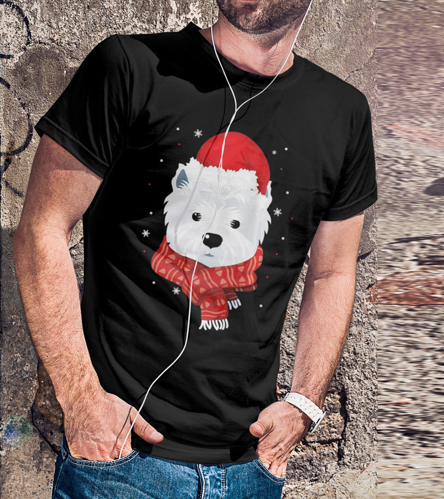 Maltese Westie West Highland In Santa Hat And Scarf T-Shirt