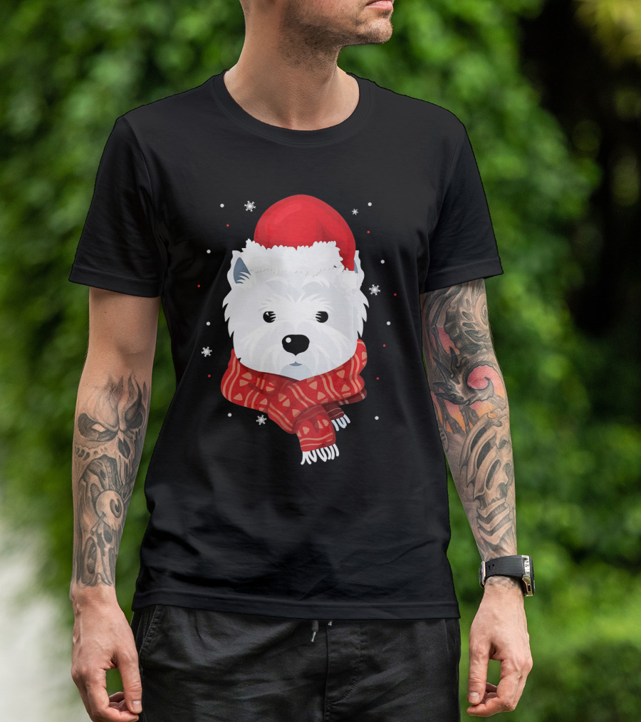Maltese Westie West Highland In Santa Hat And Scarf T-Shirt