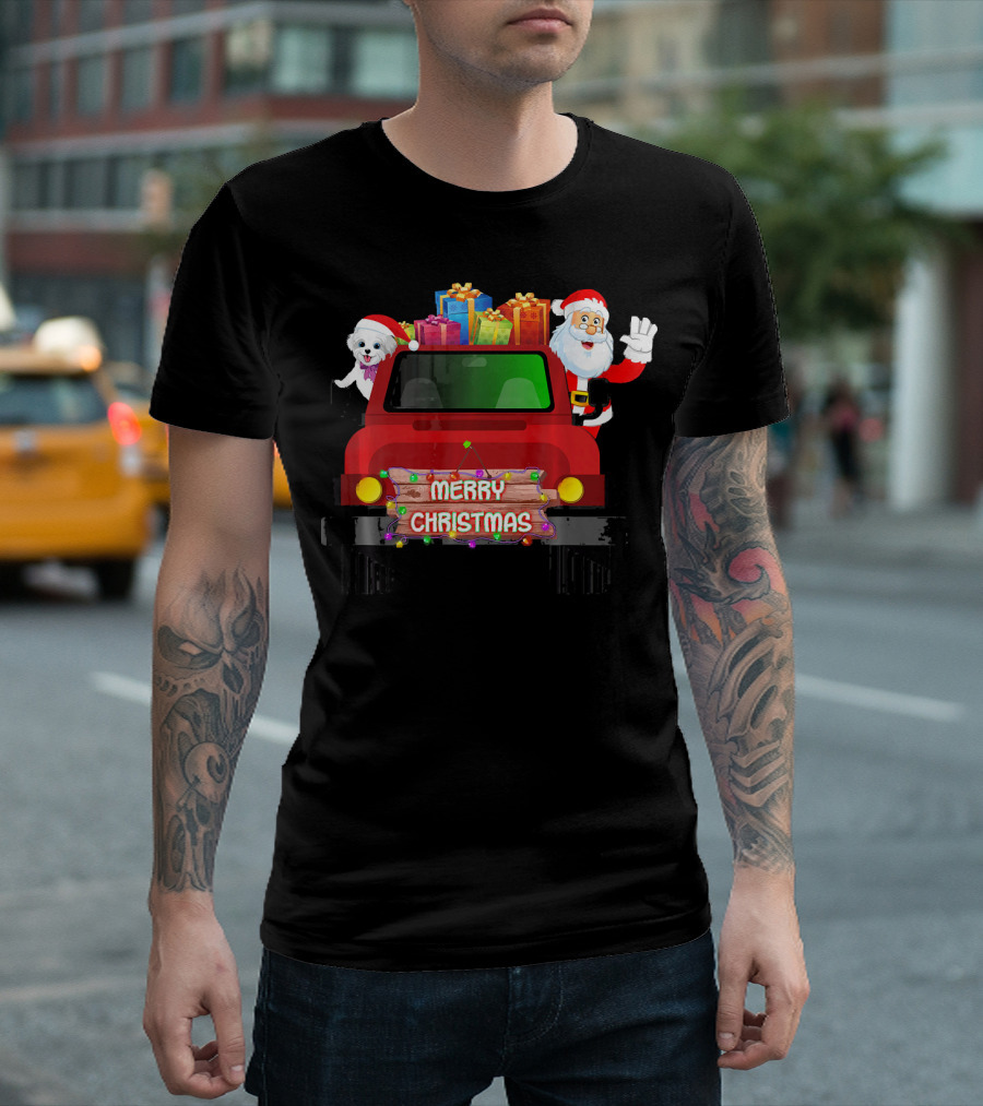 Merry Christmas Funny Maltese and Santa with Gifts in Red Truck T-Shirt