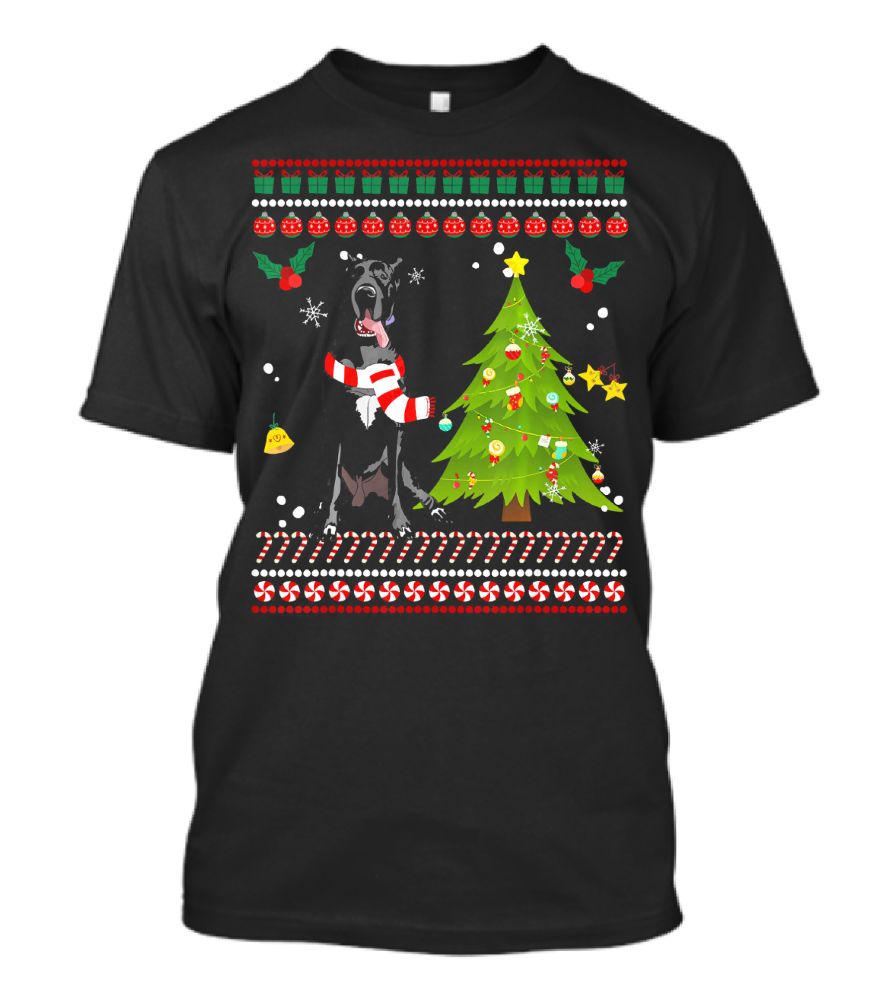 Cute Great Dane Christmas Tree Festive Holly Candy Cane Snowflake T-Shirt
