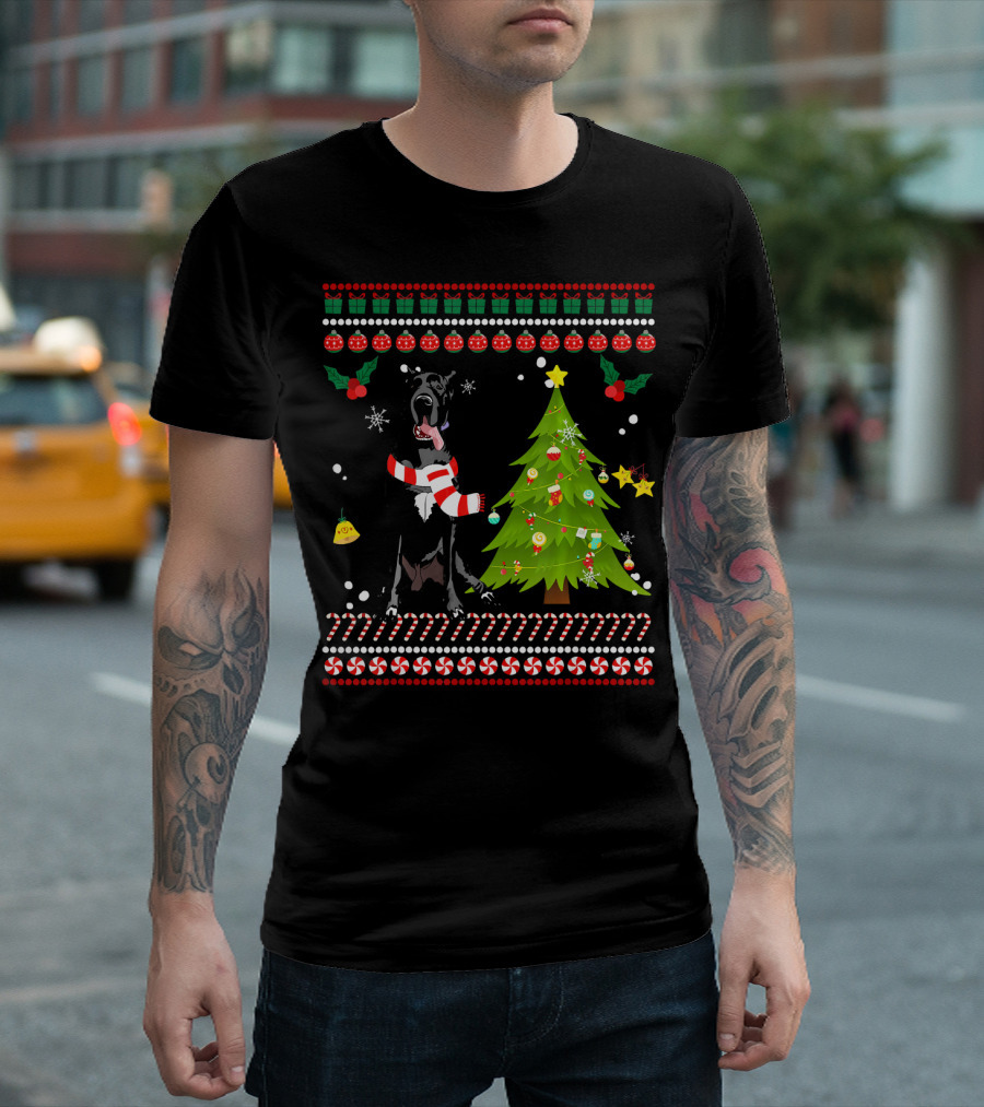 Cute Great Dane Christmas Tree Festive Holly Candy Cane Snowflake T-Shirt