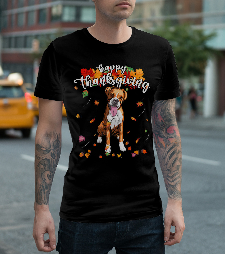 Happy Thanksgiving Cute Boxer Dog with Autumn Leaves T-Shirt