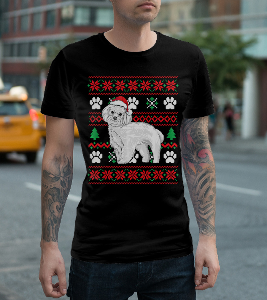 Maltese Ugly Christmas Sweater Festive Dog Paws Santa Hat Snowflakes T-Shirt