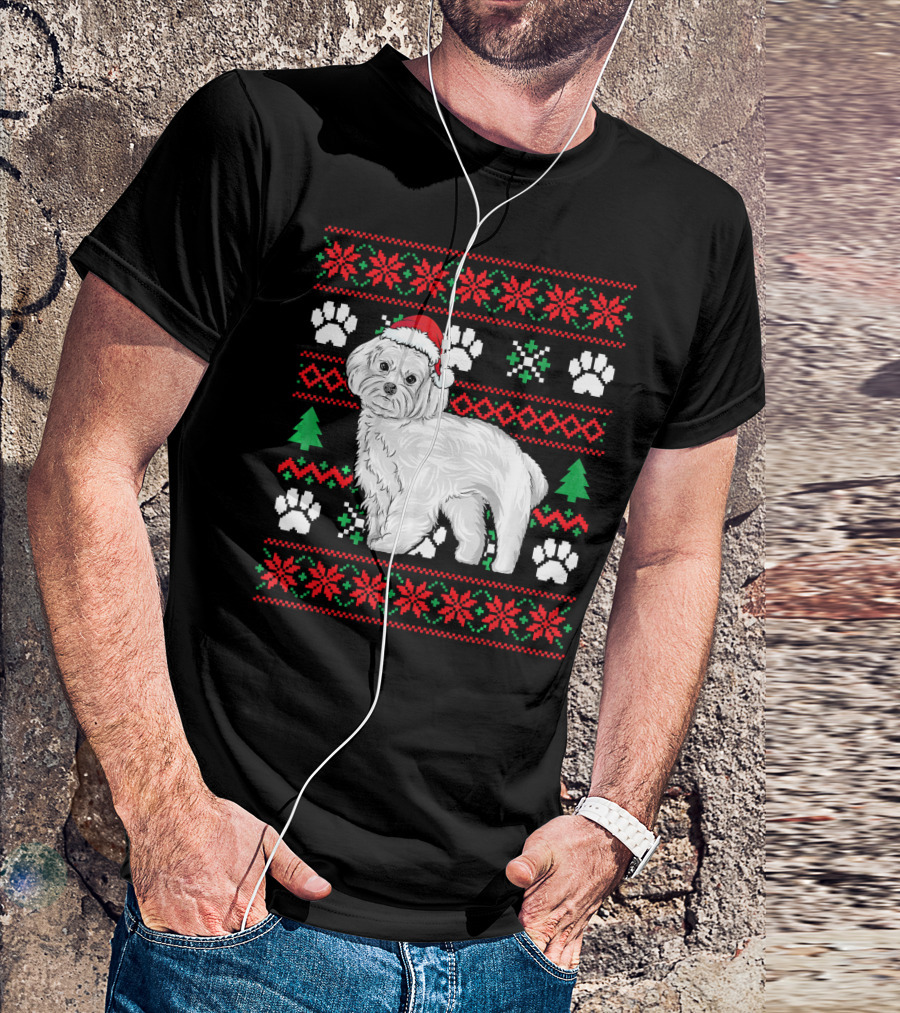 Maltese Ugly Christmas Sweater Festive Dog Paws Santa Hat Snowflakes T-Shirt