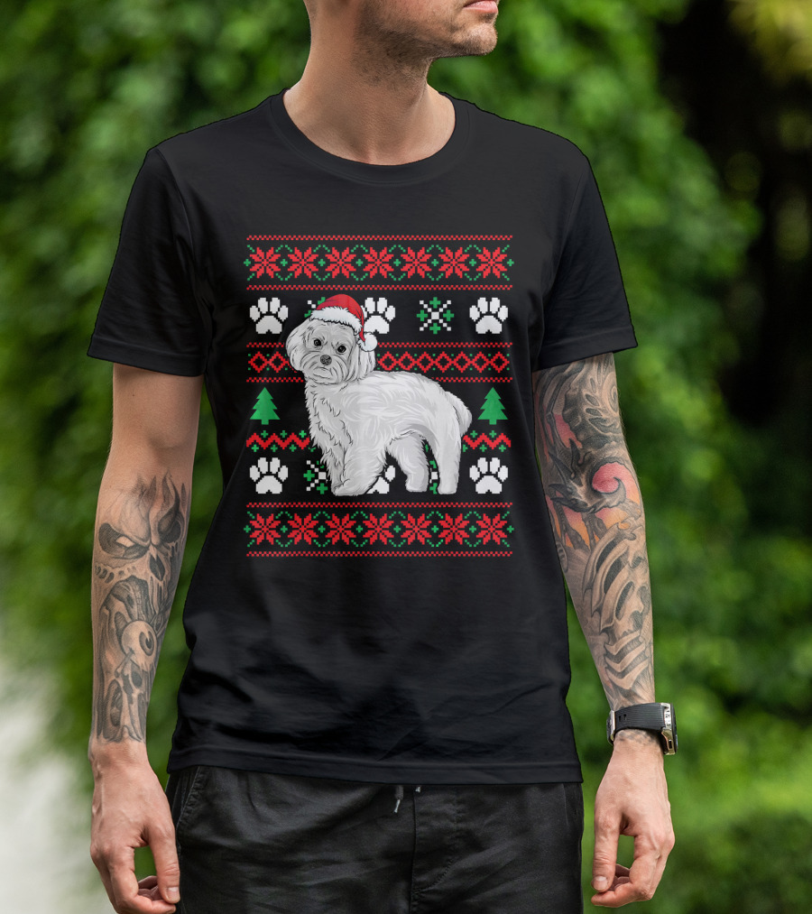 Maltese Ugly Christmas Sweater Festive Dog Paws Santa Hat Snowflakes T-Shirt