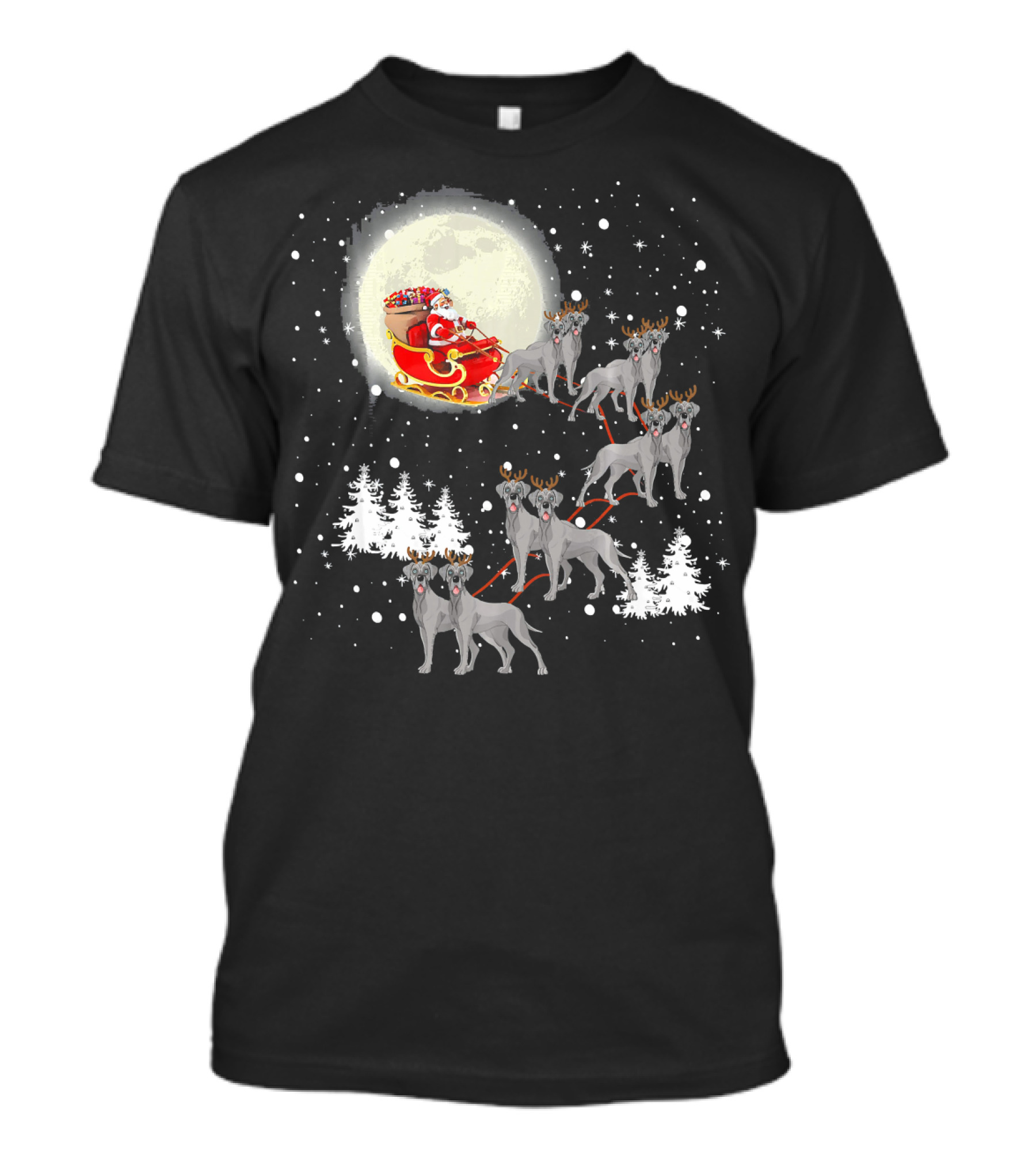 Santa Sleigh With Great Dane Reindeer And Christmas Lights T-Shirt