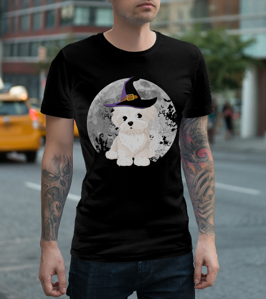 Maltese Dog Witch Hat Halloween Moon Cosplay October T-Shirt