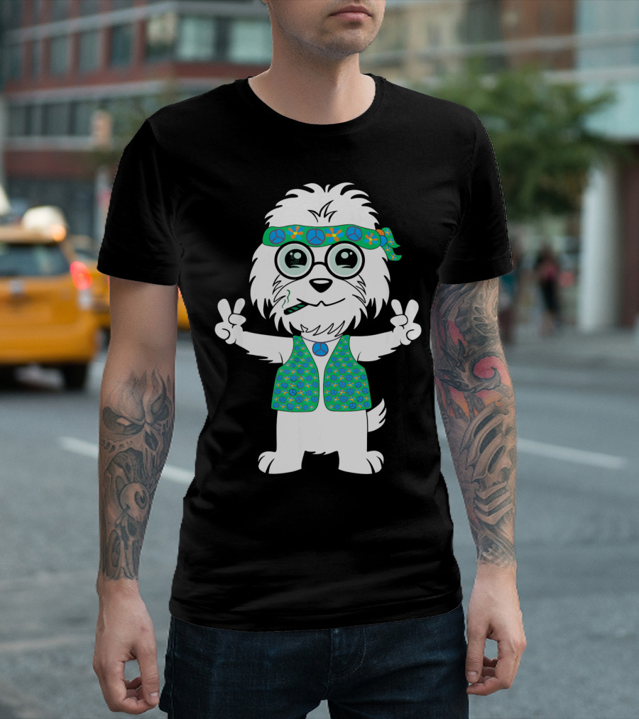 Peaceful Maltese Dog with Hippie Glasses and Peace Signs T-Shirt