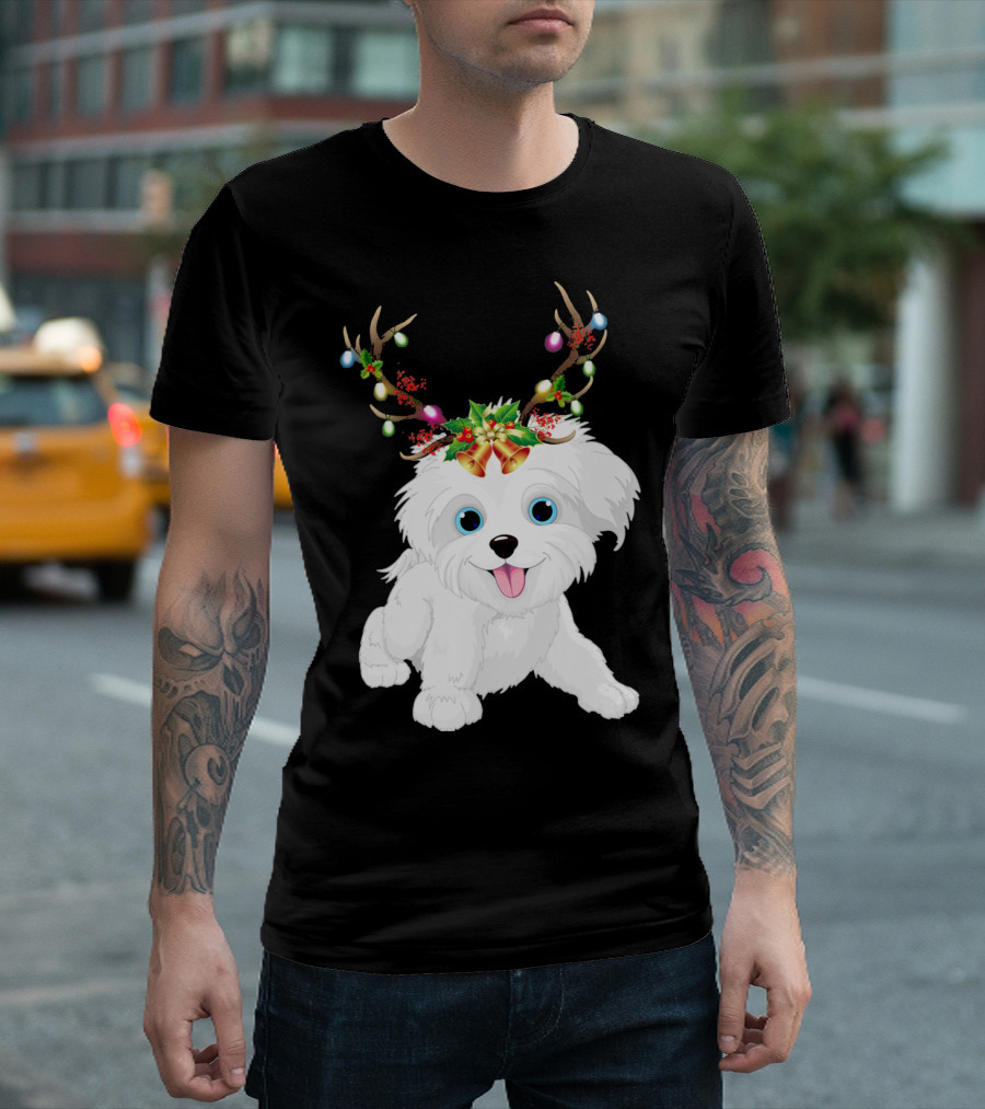 Maltese Christmas Dog with Cute Lights and Reindeer Antlers T-Shirt