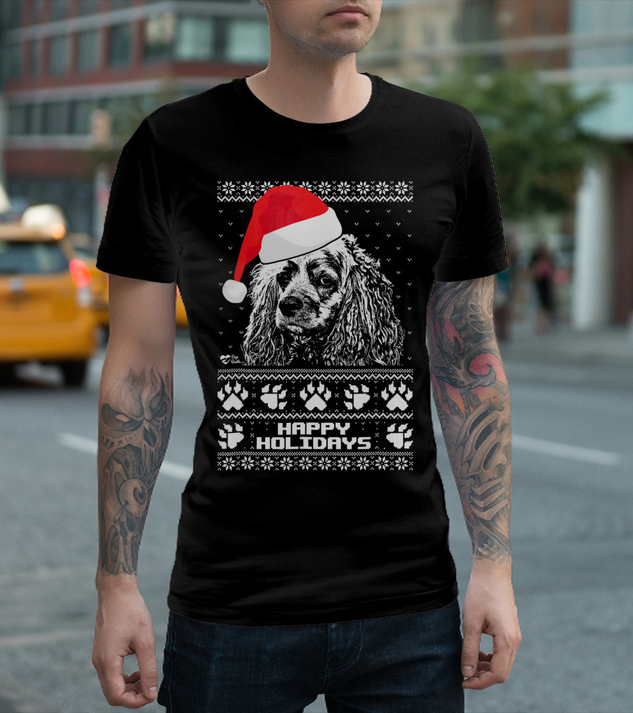Cocker Spaniel Happy Holidays Santa Hat Paw Prints T-Shirt