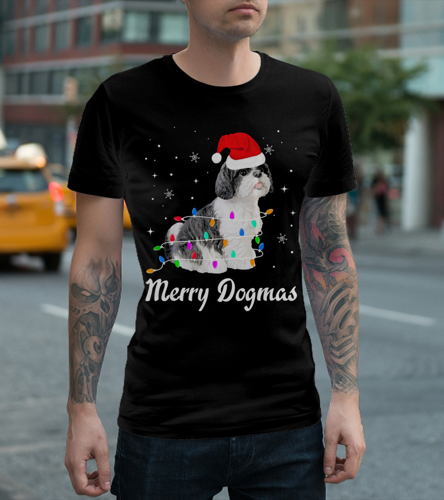 Merry Dogmas Shih Tzu Wrapped in Christmas Lights Santa Hat Snowflakes T-Shirt
