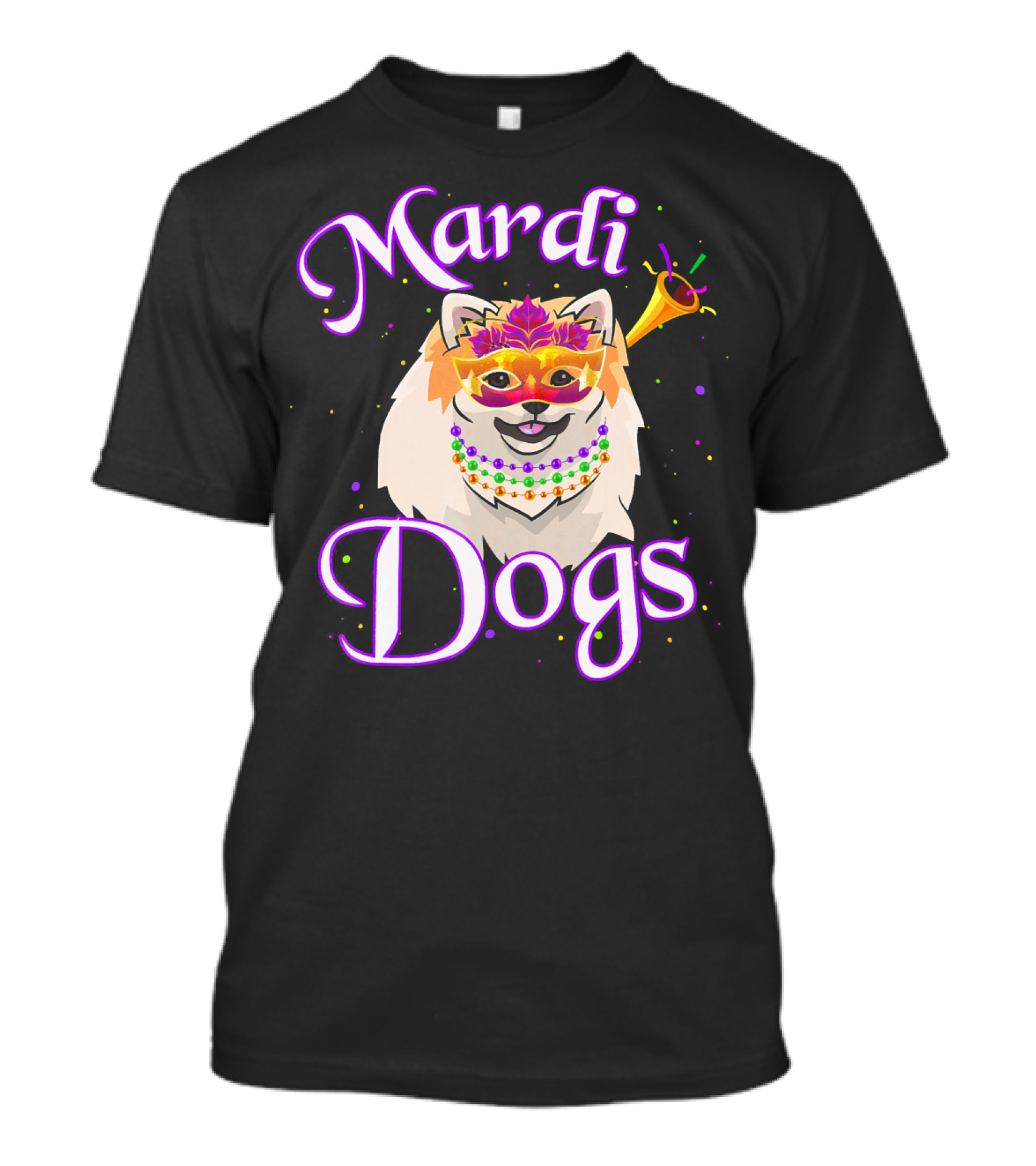Mardi Dogs Pomeranian Beads Bling Mask Confetti T-Shirt