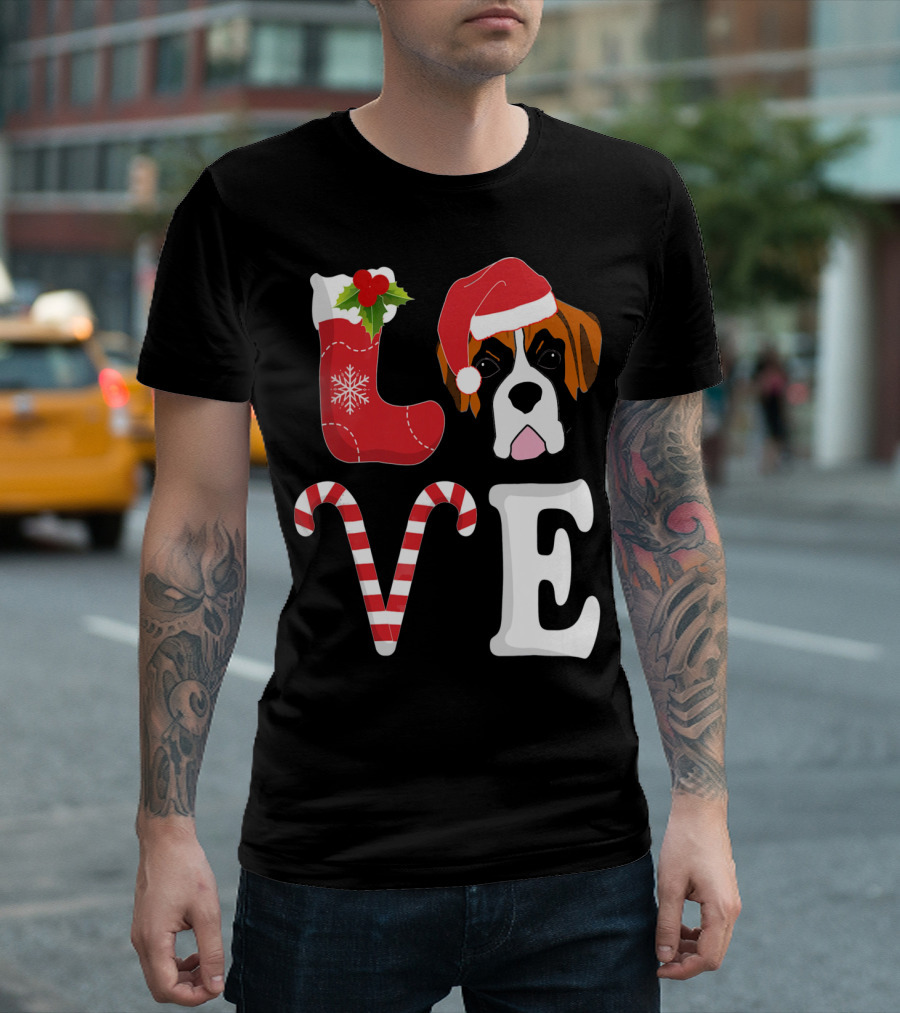Christmas Boxer Love Santa Hat Candy Cane Holiday T-Shirt