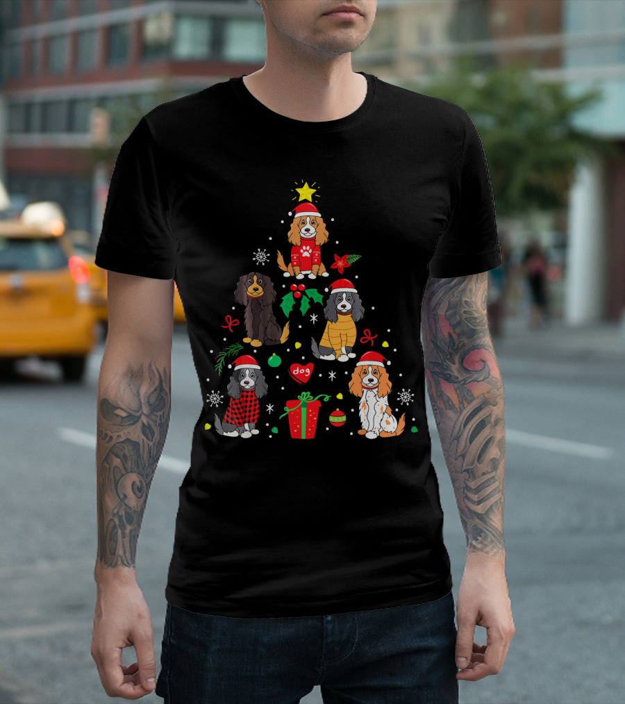Cocker Spaniel Ornament Tree with Santa Hat and Gift T-Shirt