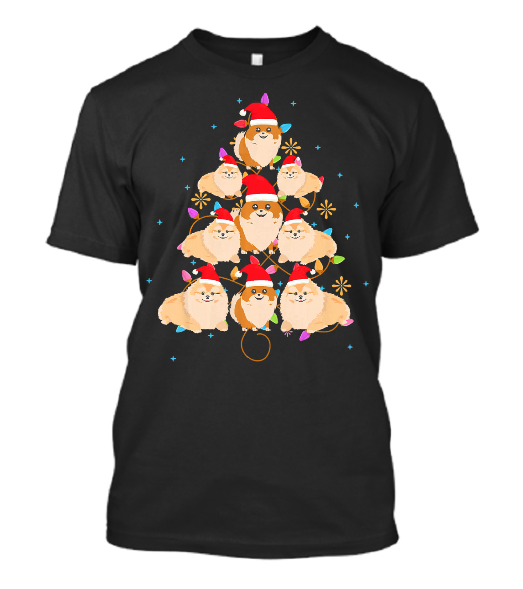 Pomeranian Christmas Tree With Santa Hats And Festive Lights T-Shirt