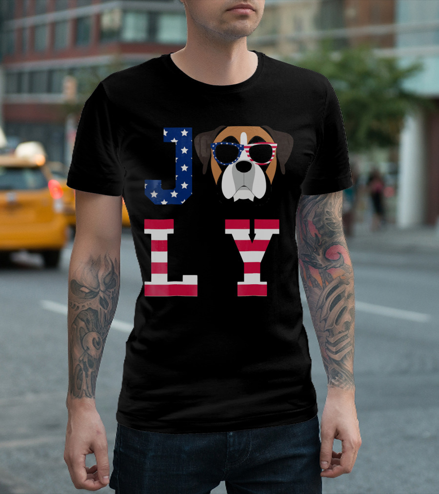 4th Of July American Flag Boxer Dog With Star-Spangled Glasses In JOLLY Letters T-Shirt