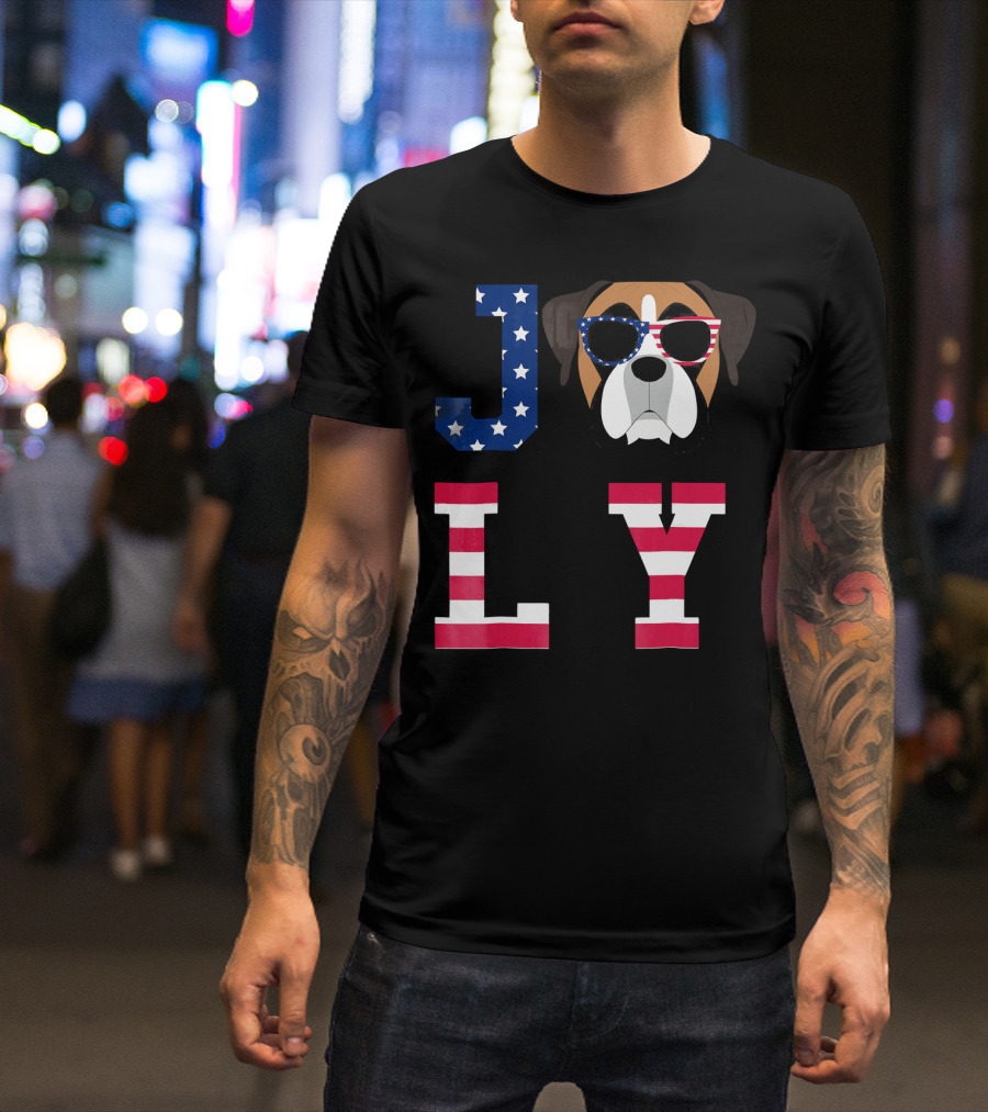 4th Of July American Flag Boxer Dog With Star-Spangled Glasses In JOLLY Letters T-Shirt