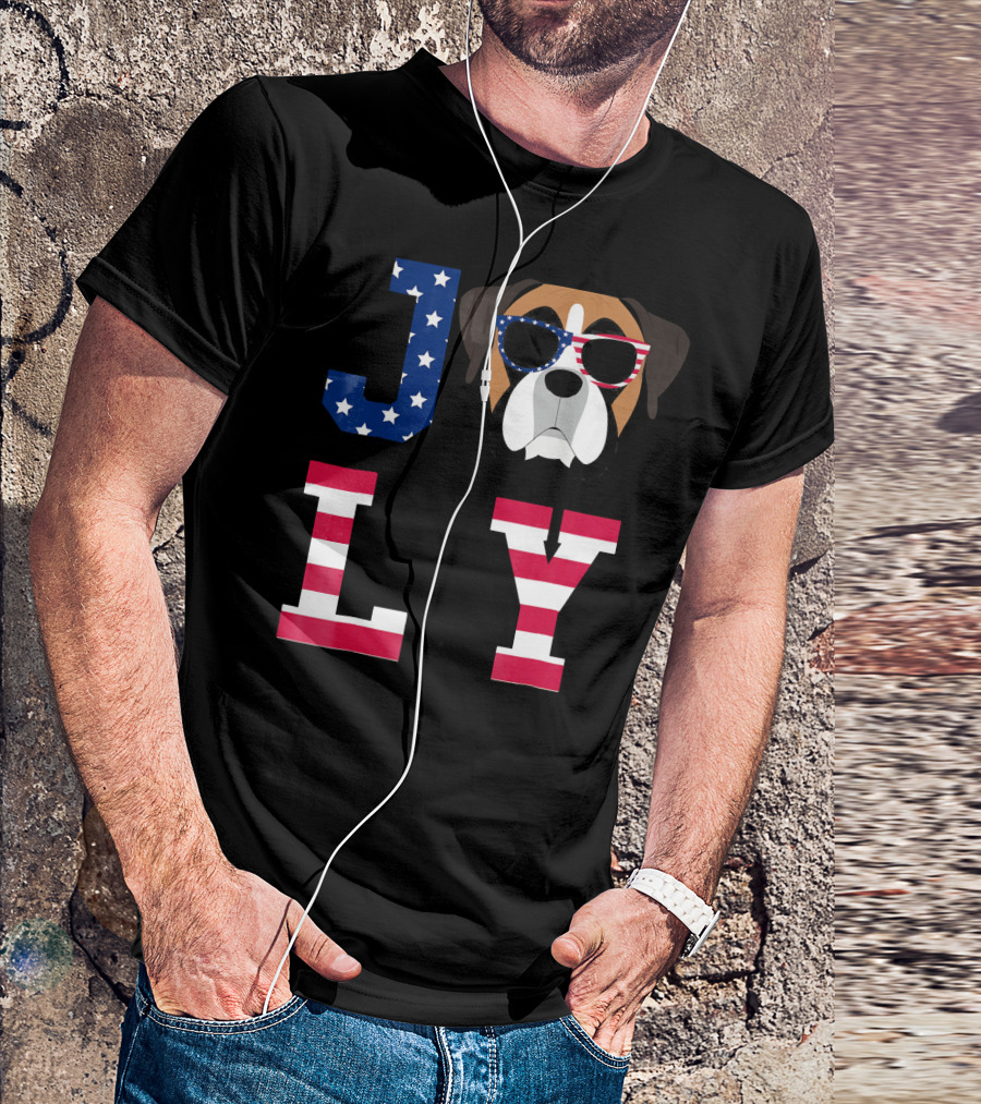 4th Of July American Flag Boxer Dog With Star-Spangled Glasses In JOLLY Letters T-Shirt