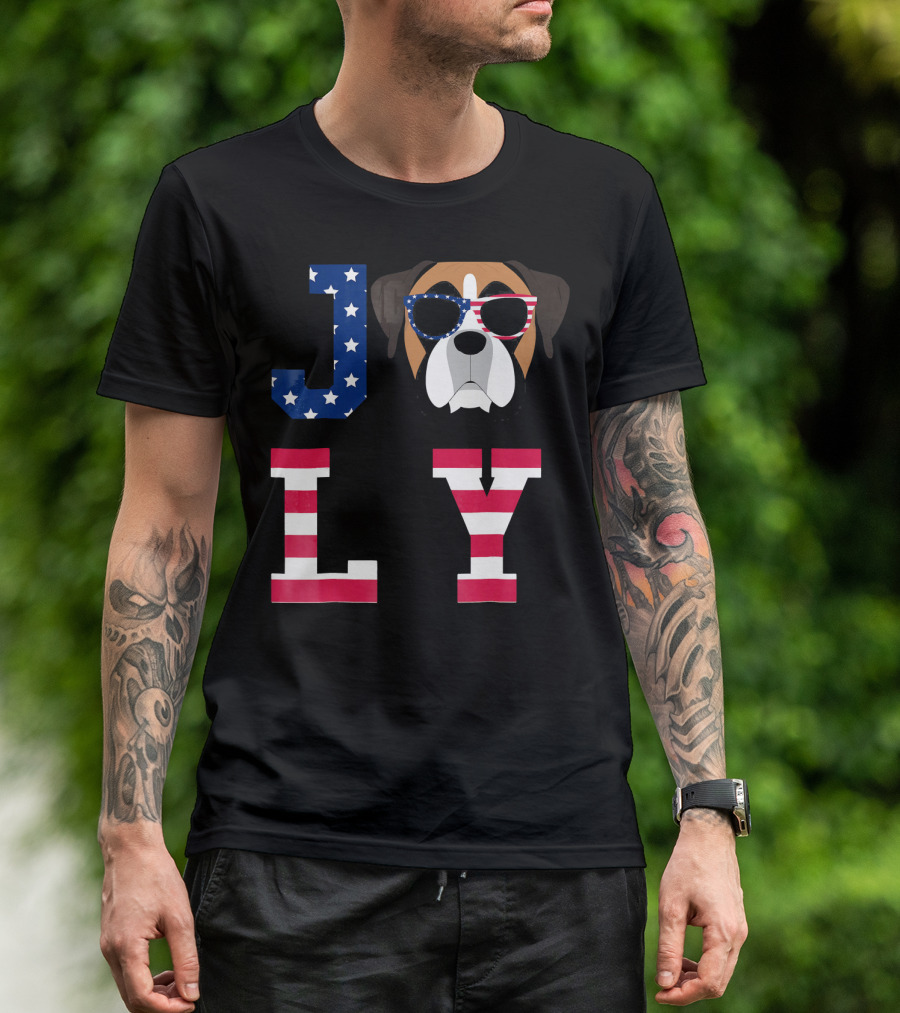 4th Of July American Flag Boxer Dog With Star-Spangled Glasses In JOLLY Letters T-Shirt