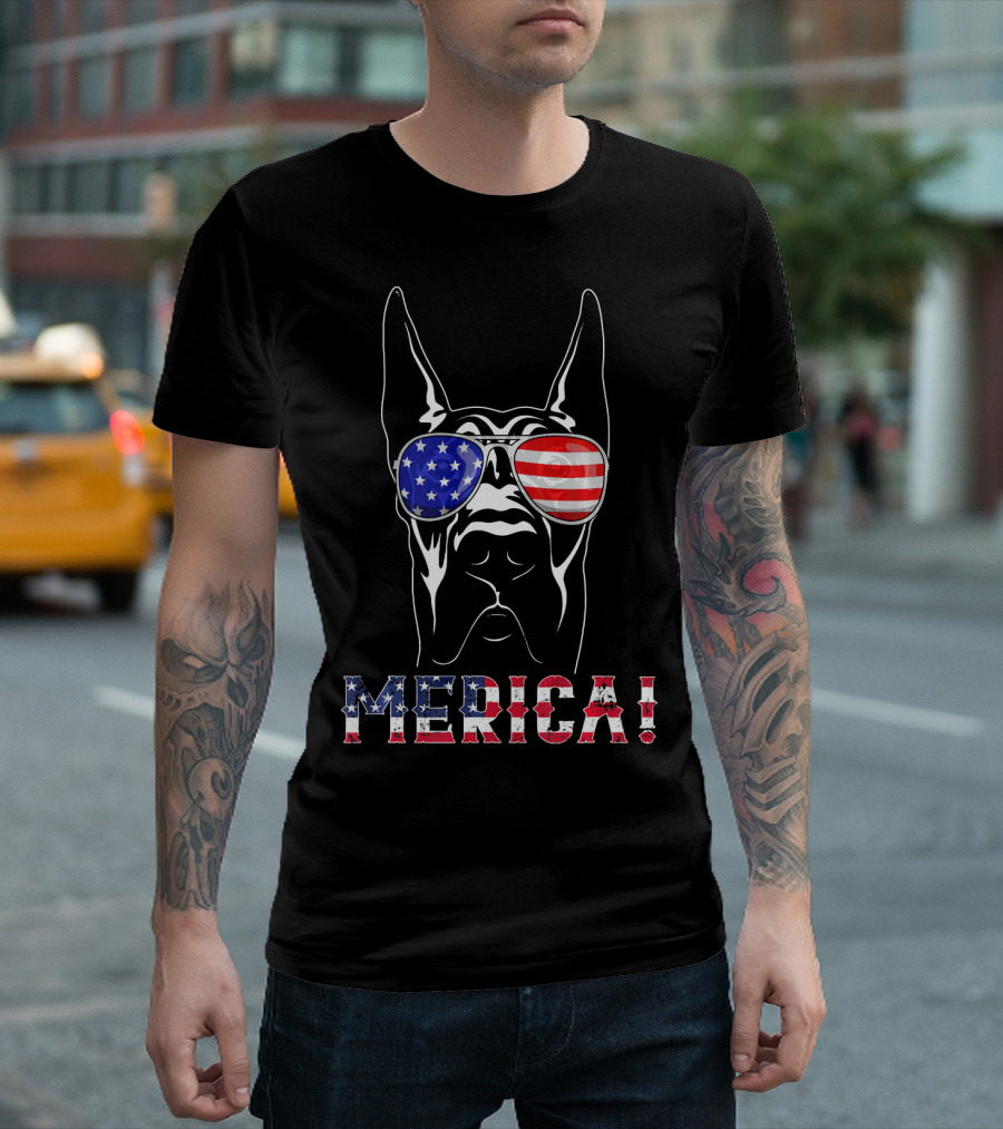 Merica Great Dane American Flag Sunglasses T-Shirt