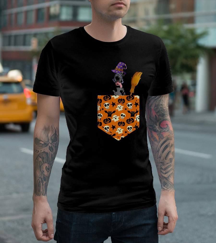 Great Dane with Witch Hat and Halloween Pumpkin Pocket T-Shirt