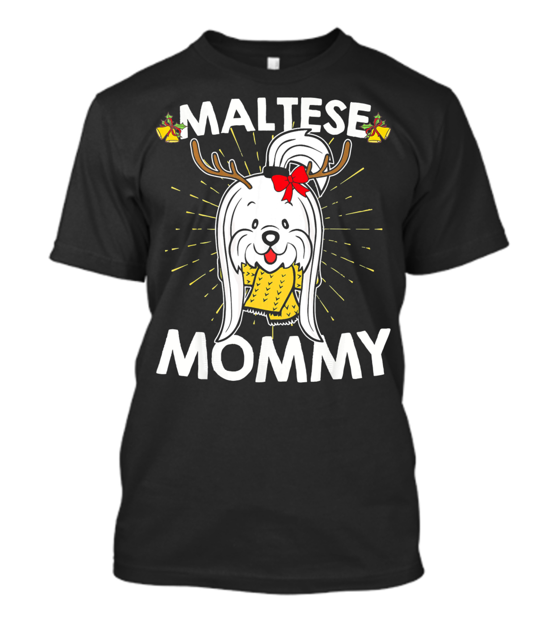 Maltese Mommy Christmas Reindeer Dog With Bell Antlers And Red Bow T-Shirt