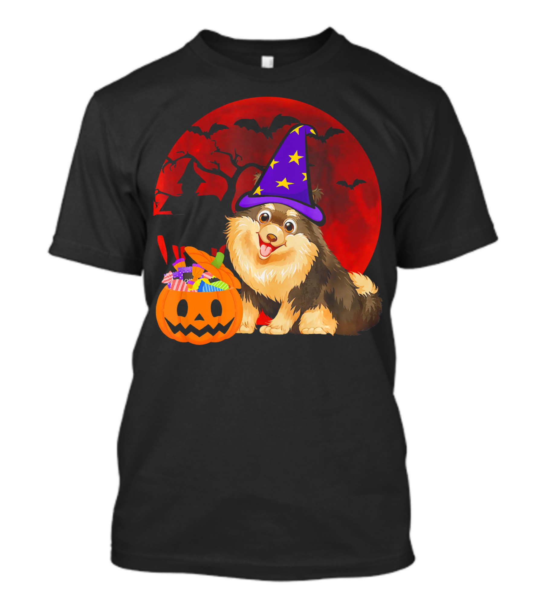 Pomeranian Dog Witch Hat Halloween Candy Pumpkin Red Moon Bats T-Shirt