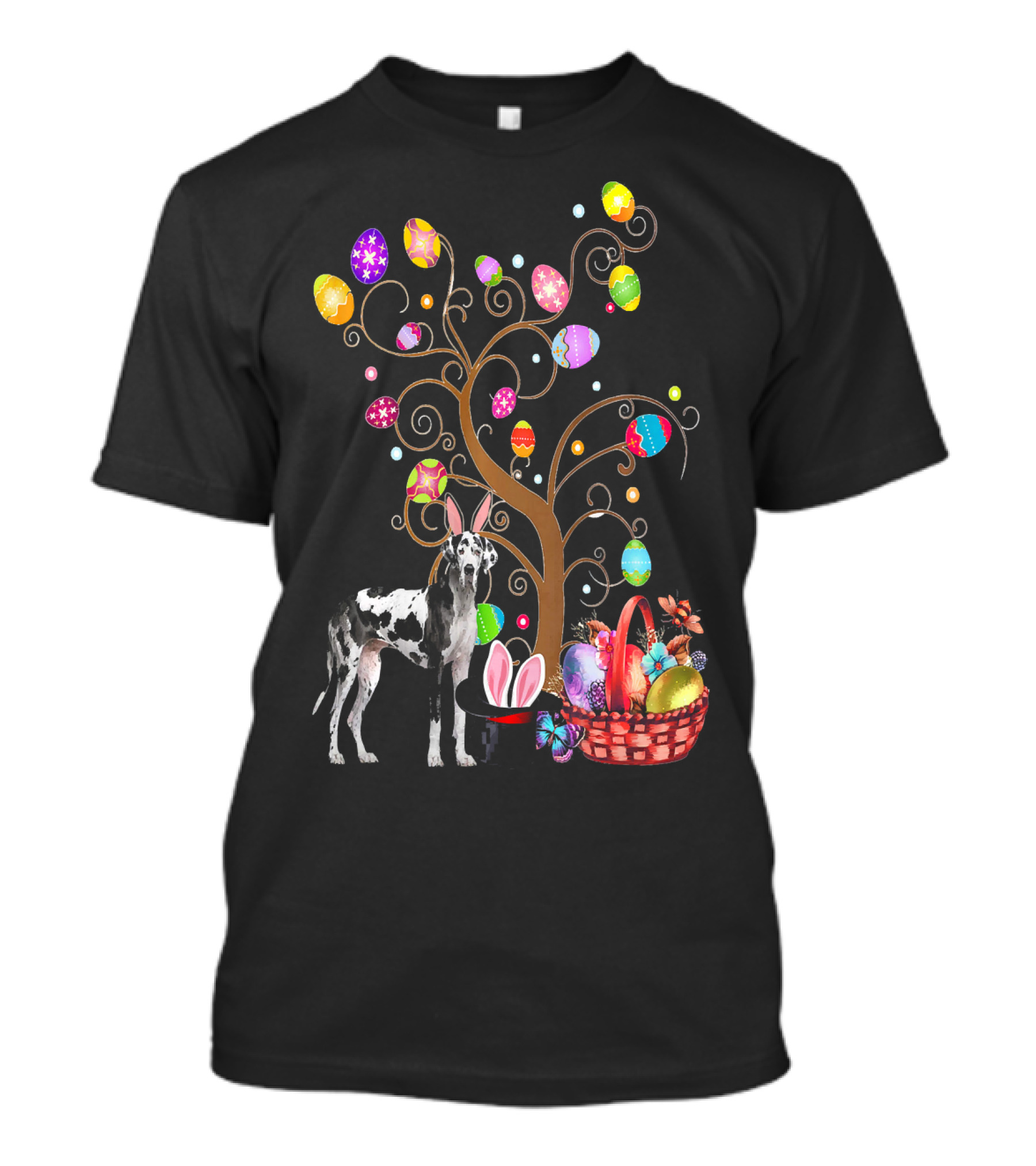Bunny Great Dane Easter Day Tree With Eggs And Basket T-Shirt
