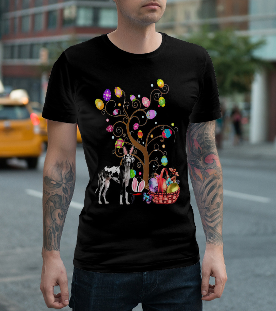 Bunny Great Dane Easter Day Tree With Eggs And Basket T-Shirt