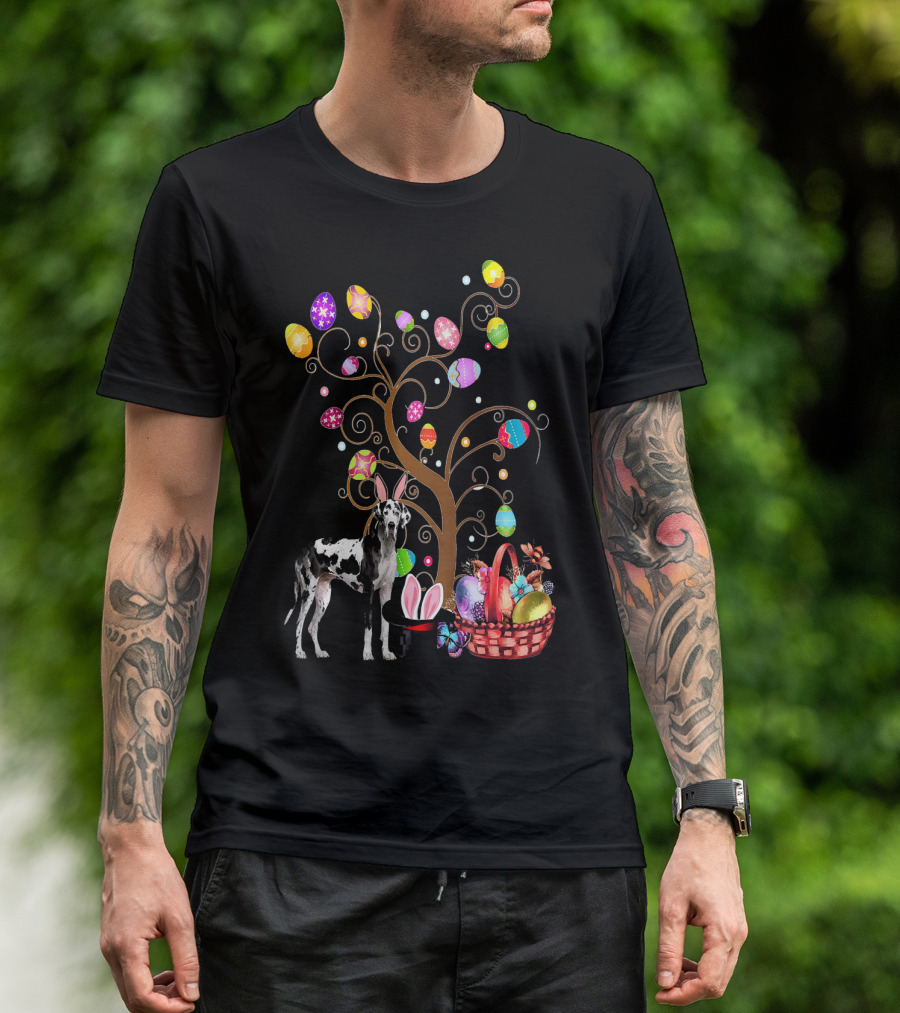 Bunny Great Dane Easter Day Tree With Eggs And Basket T-Shirt