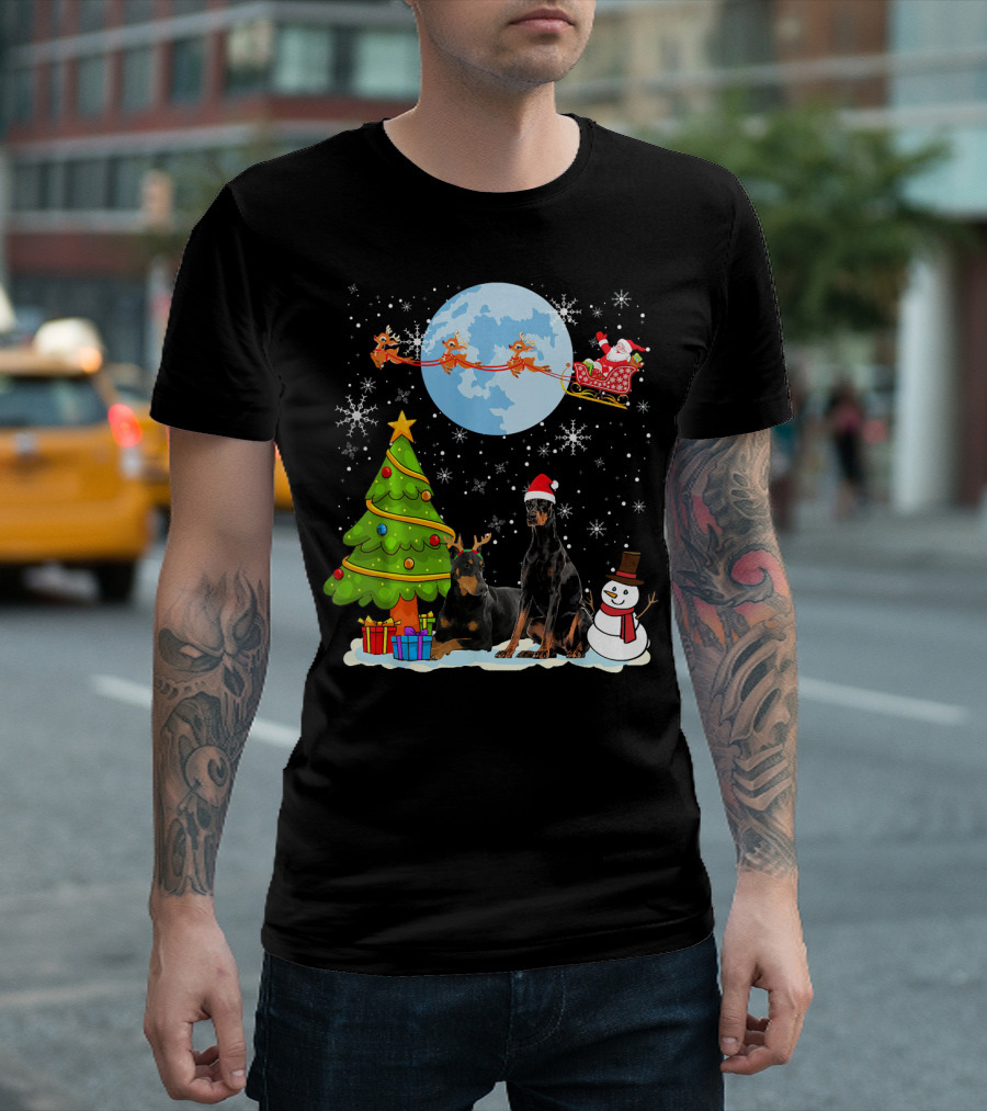 Funny Doberman Pinscher Christmas Moon Santa Sleigh Reindeer Snowman Tree T-Shirt