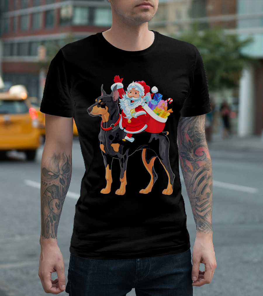 Santa Riding Doberman Pinscher with Gift Bag T-Shirt