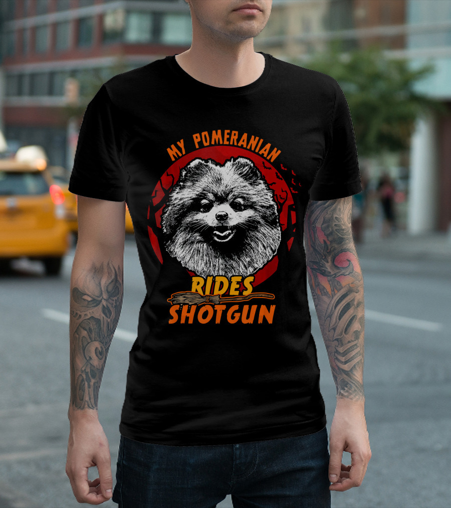My Pomeranian Rides Shotgun Halloween Bats Broomstick T-Shirt