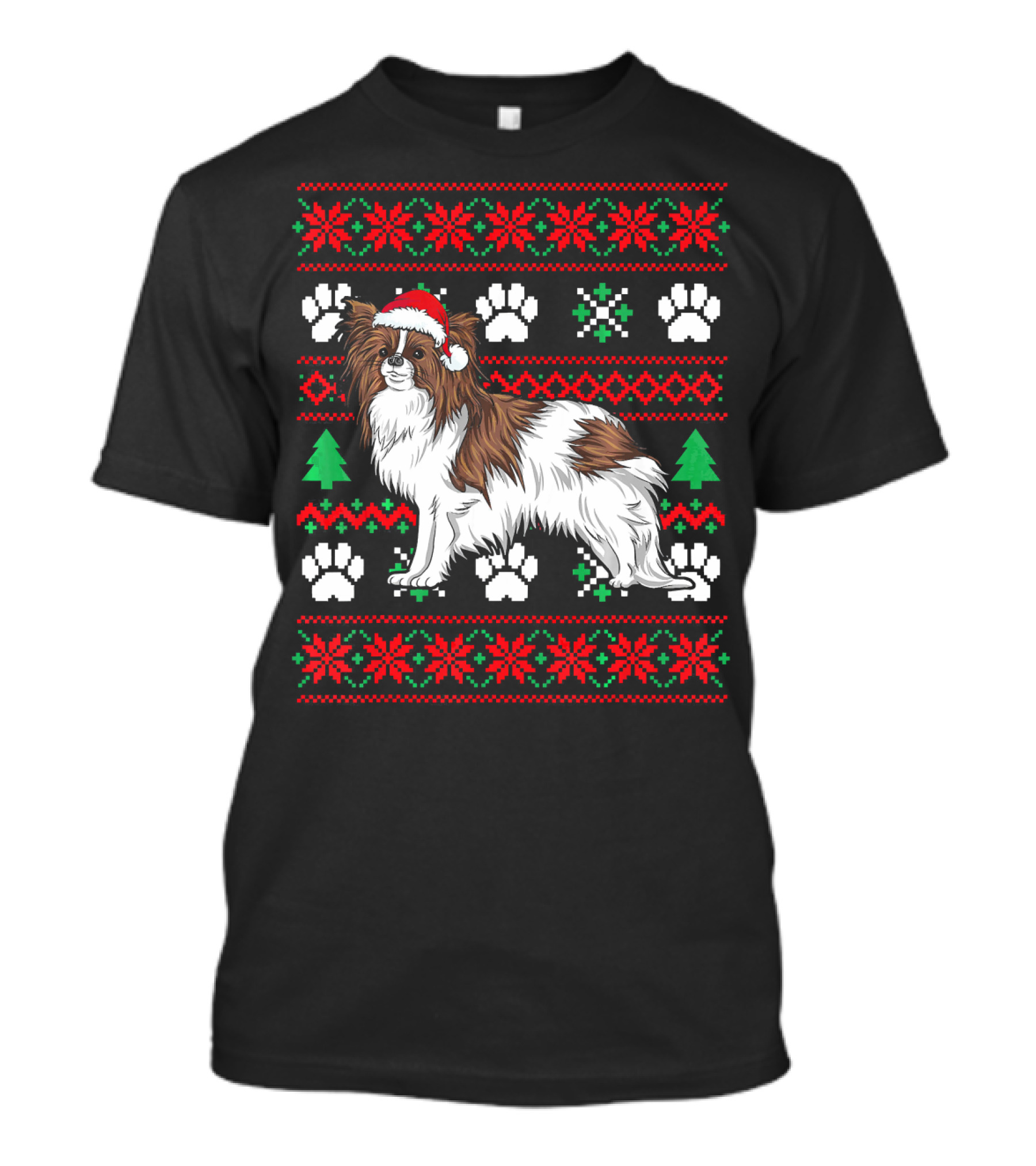 Papillon Dog Ugly Christmas Sweater With Santa Hat And Paw Print T-Shirt