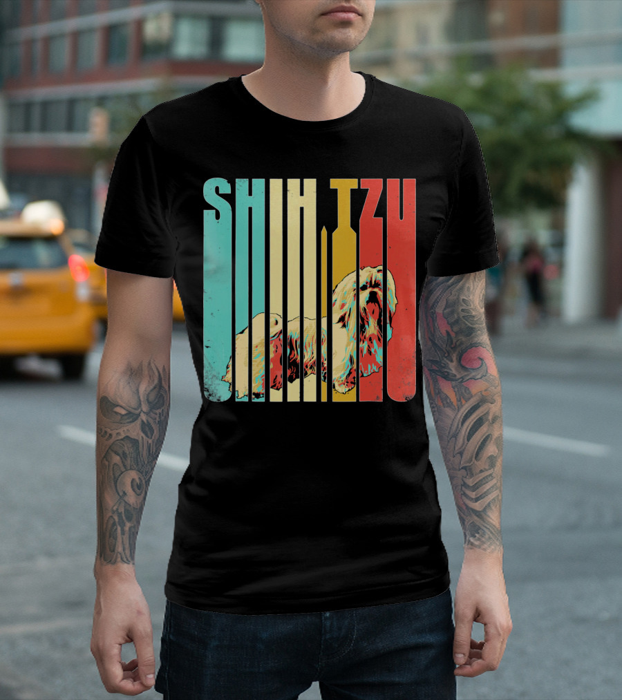 Vintage Shih Tzu Dog Design Colorful Stripes T-Shirt