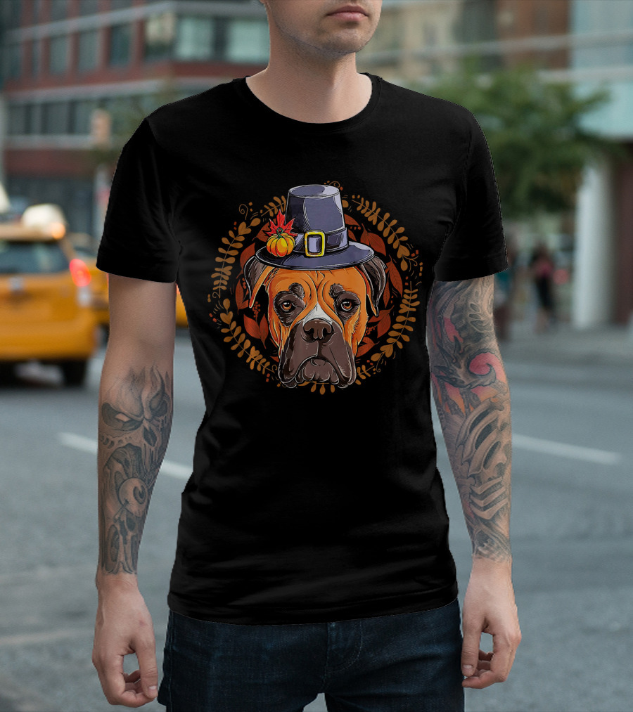 Vintage Boxer Dog Face Pilgrim Hat Thanksgiving Autumn Leaves T-Shirt