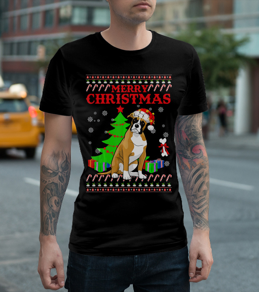 Boxer Merry Christmas Dog with Santa Hat and Gifts T-Shirt