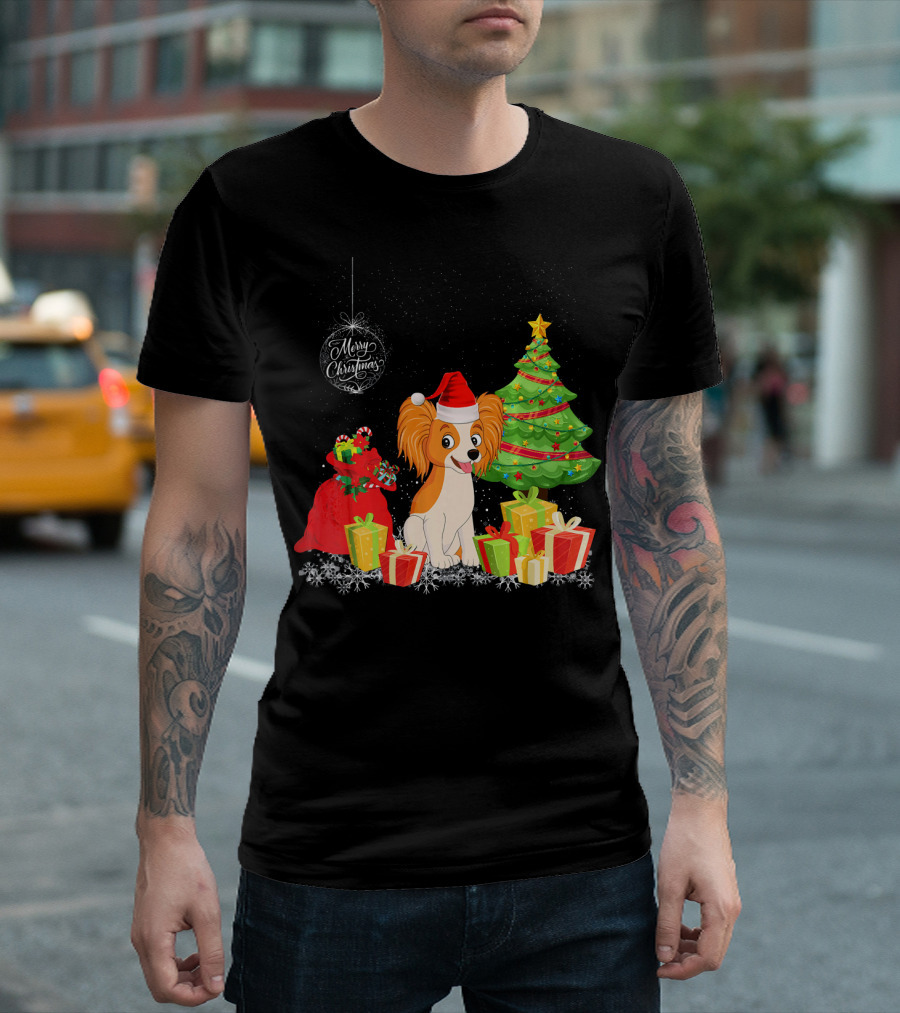 Papillon With Santa Hat Merry Christmas Tree and Gifts T-Shirt